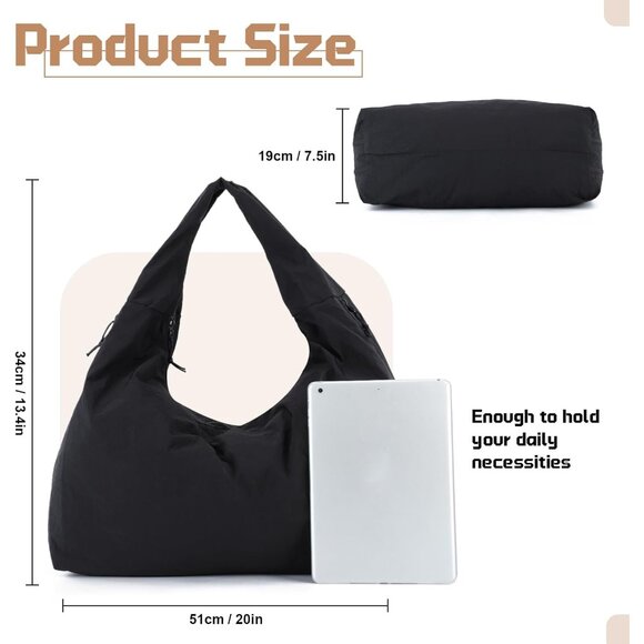 Versatile Large Black Tote Bag - Slouchy Nylon Handbag with Zipper Closure - Picture 4 of 6